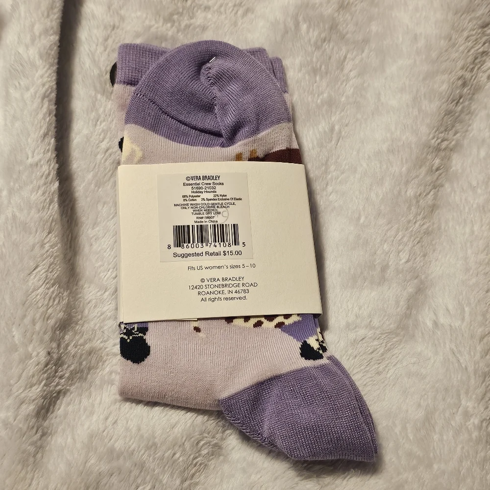 Vera Bradley Holiday Hounds  Purple Outlet Essentials Crew Socks
